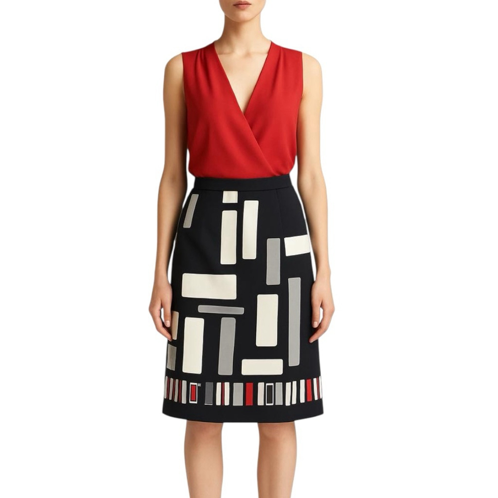 MaxMara Geometric Cotton Stretch Skirt, 10, Black Cream Red
